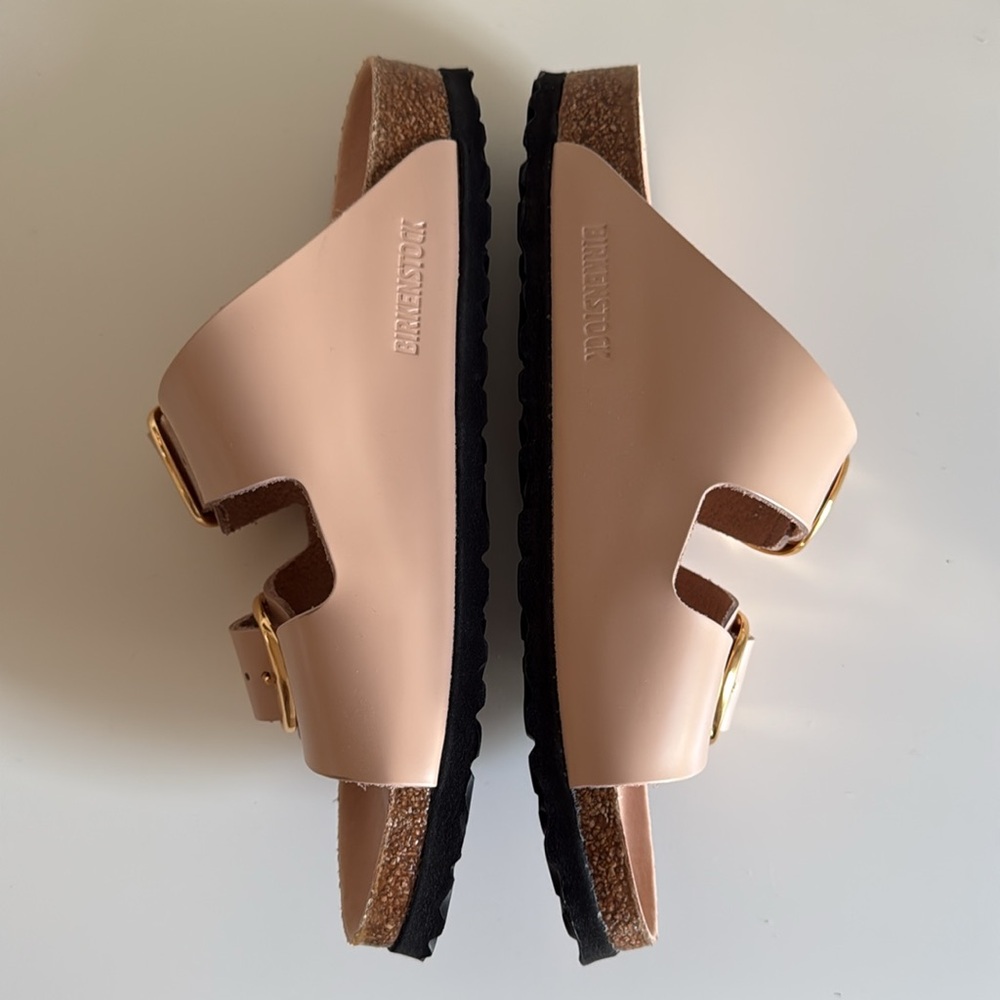 BIRKENSTOCK Arizona Big Buckle High Shine Leather Slide Sandals Nude 39 8-8.5 - Picture 13 of 16